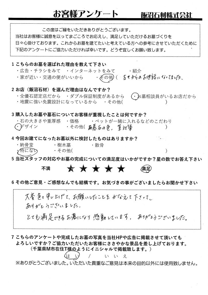 千葉県K市在住　U様　　【東京都立八柱霊園】 満足できるお墓になり感動しています